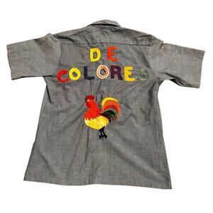 Seafarer De Colores Rooster Large Mens Vintage 1970s ? Blue Short Sleeve Button